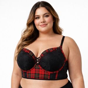Torrid Plunge Push-Up Print Longline Straight Back Bra Jester Plaid Jester Red
